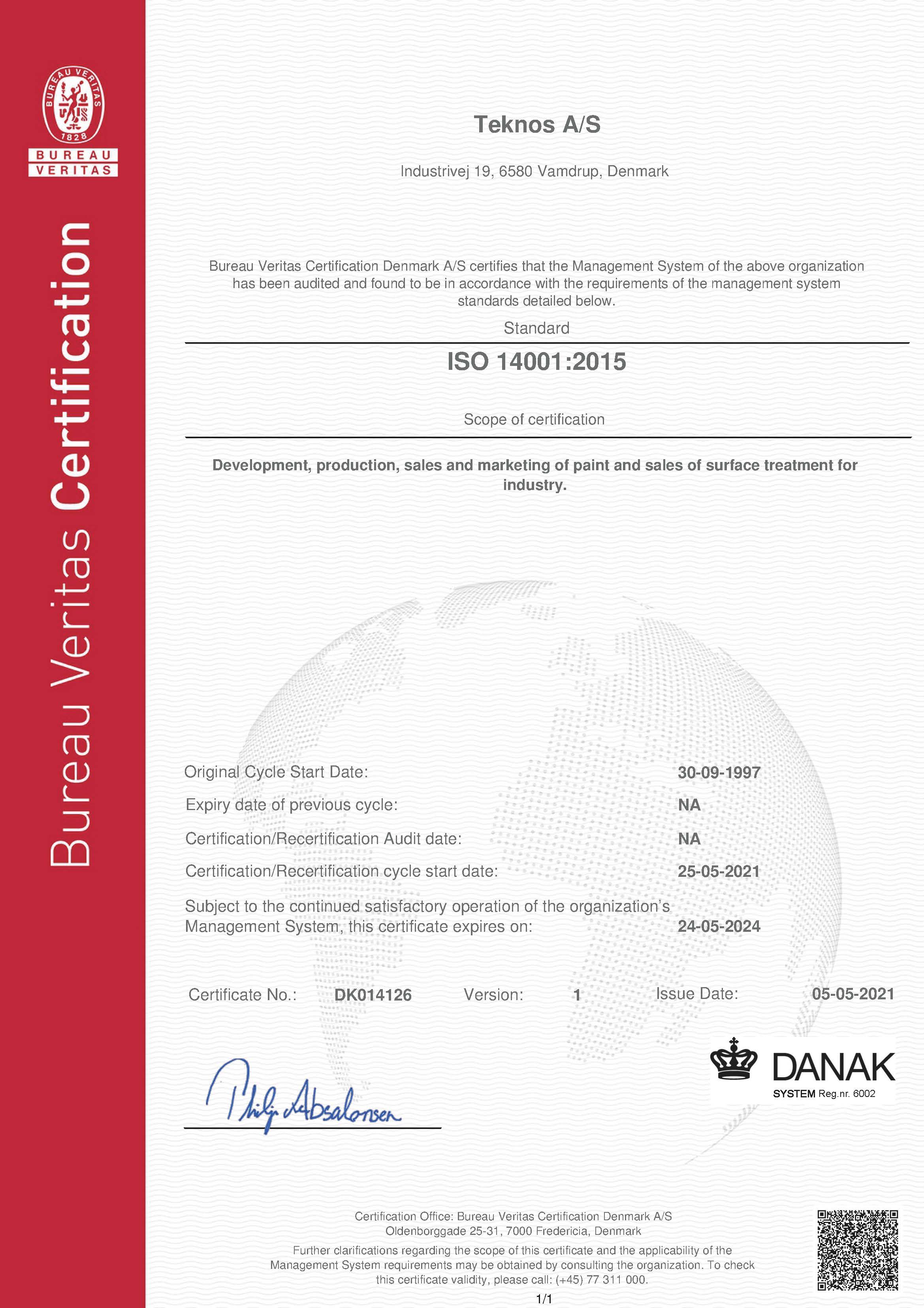 ISO 14001-certifikat Teknos AC